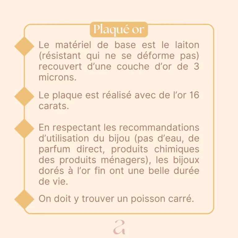 Le matériel de base est le laiton (résistant qui ne se déforme pas) recouvert d'une couche d'or de 3 microns. Le plaque est réalisé avec de l'or 16 carats. En respectant les recommandations d'utilisation du bijou (pas d'eau, de parfum direct, produits chimiques des produits ménagers), les bijoux dorés à l'or fin ont une belle durée de vie.