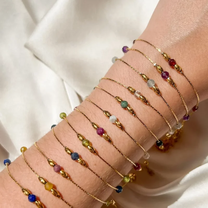 Bracelet personnalisé, pierre de naissance, acier inoxydable, bijou fin, cadeau naissance, tendance 2025.