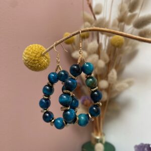 Boucles d’oreilles pendantes, ovales en acier inoxydable, colorées, légères, composées d’agates bleues et de perles en vagues d’hématite
