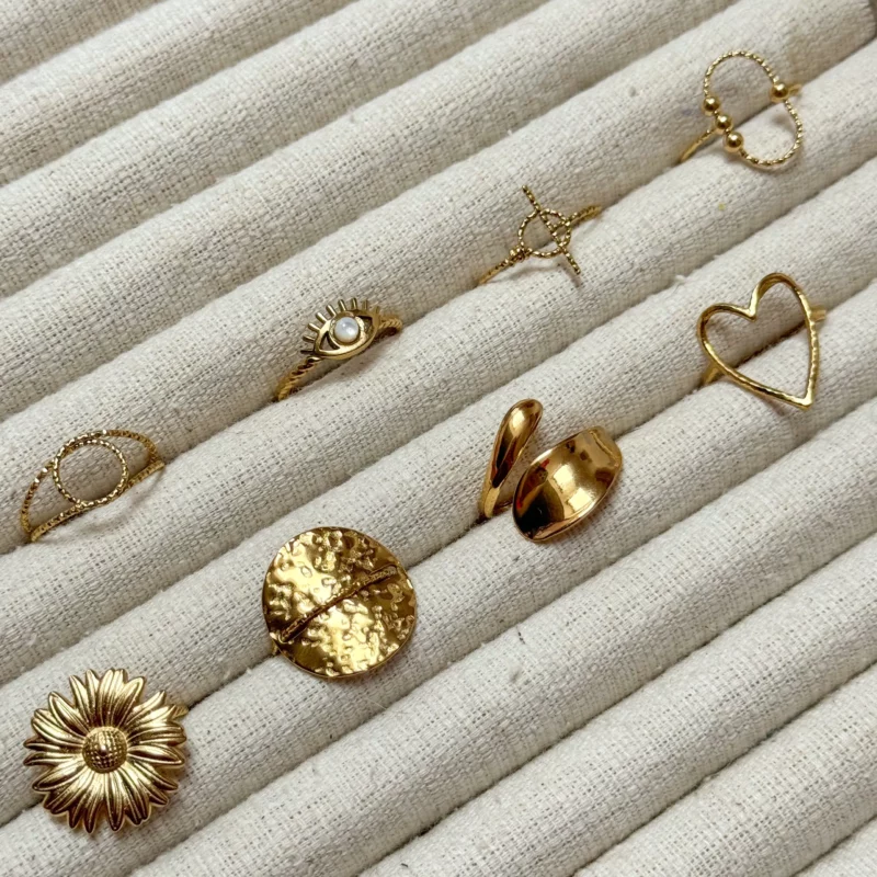 Bague acier inoxydable réglable fleur coeur oeil tendance