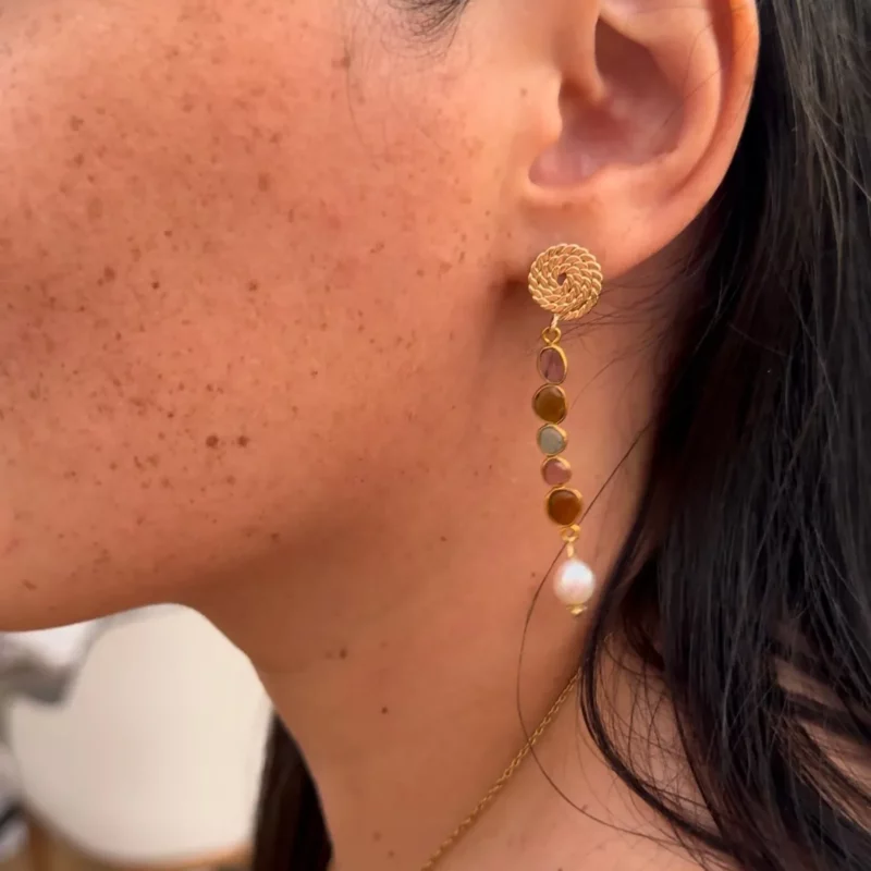 Boucles doreilles tourmalines melon et perles de cultures. Pendantes, précieuses