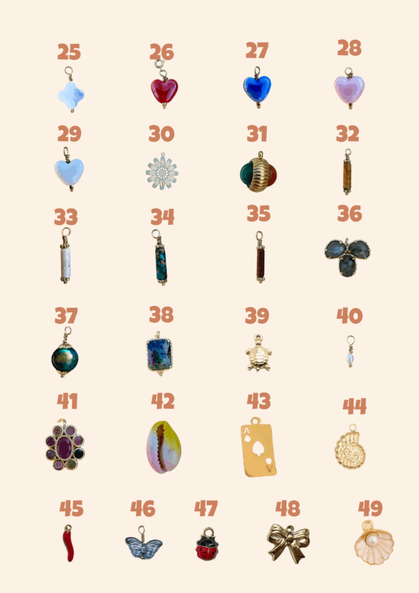 charm's grigris pour collier et bracelets, charm's cœur, tortue, coquillage, papillon, piment