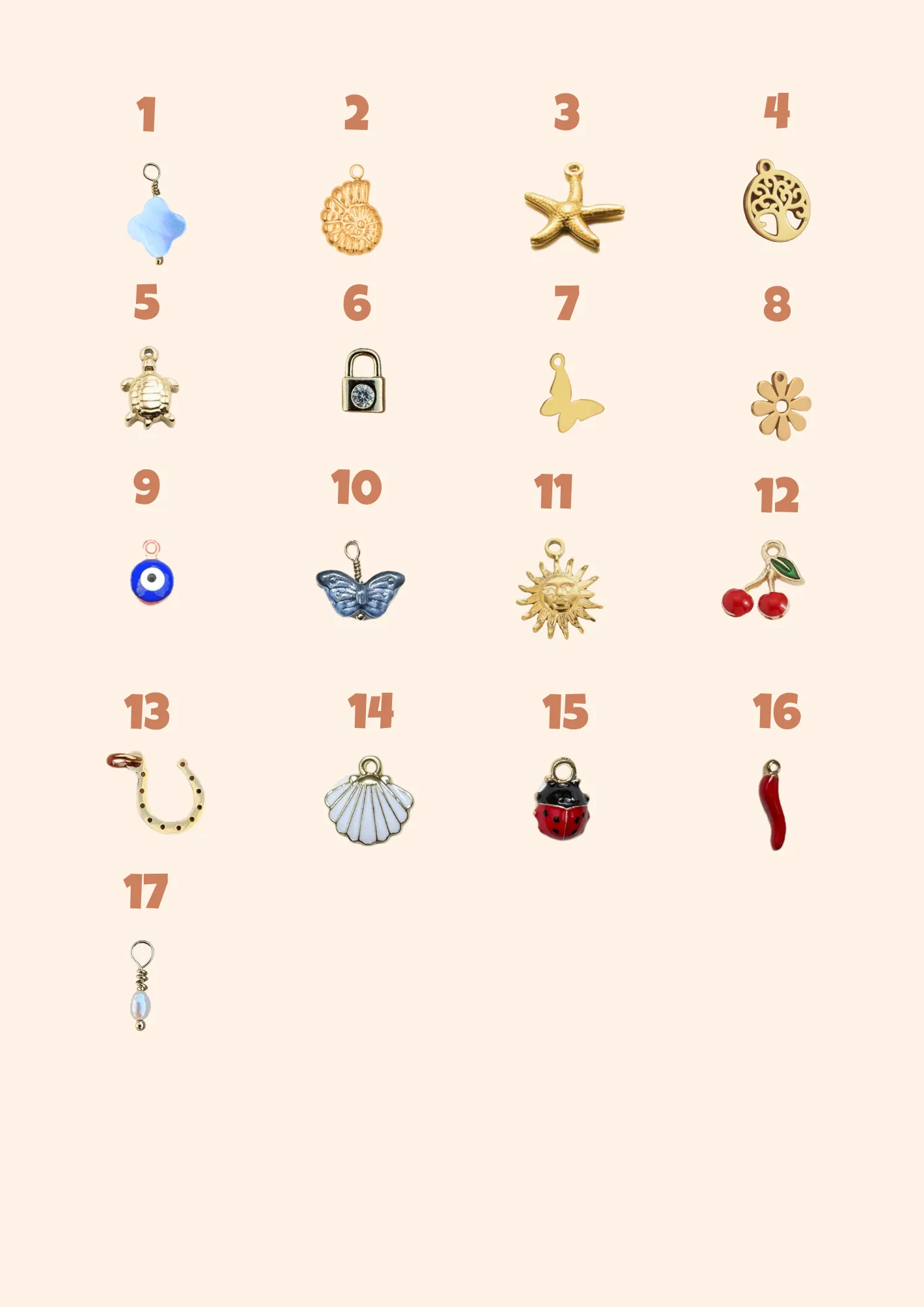 charm's grigris pour bague, charm's coquillage, étoile, papillon, piment, cerise, soleil, coccinelle